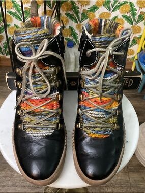 Josef Seibel Black Lace-Up Boots with Multicolor Knitted Accents